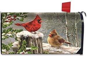 HAROONI Winter Cardinal Birds Magnetic Mailbox Cover - Holly Berry Branches Snow for Garden Home Christmas Wraps Post Letter Box Decorations - Standard Size 18" X 21"