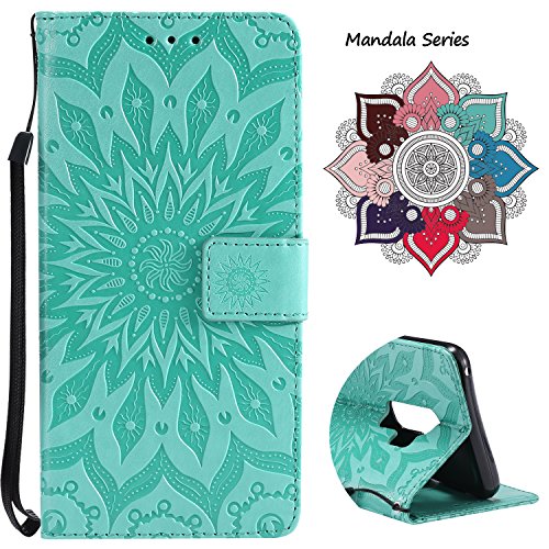 Leather Wallet Case for Samsung Galaxy S9 Plus (2018 Release), Credit Cards & Changes Holder, Colorful Art Mandala Design, Magnetic Durable Flip Cover Kickstand case for S9 Plus(6.2 inch)-Green