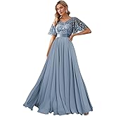 Mother of The Bride Dresses for Wedding Leaf Sequin Formal Dress Tulle Short Sleeves Chiffon V Neck Evening Gowns