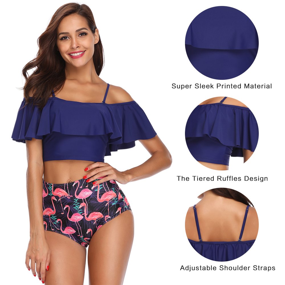 MarinaVida Women Off Shoulder Ruffle Swimsuit Crop Top Two Piece Bathing Suit
