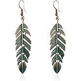 Handmade Boho Vintage Green Bronze Lightweight Statement Leaf Earrings with Detailed Texture Drop Dangle Earring for Women