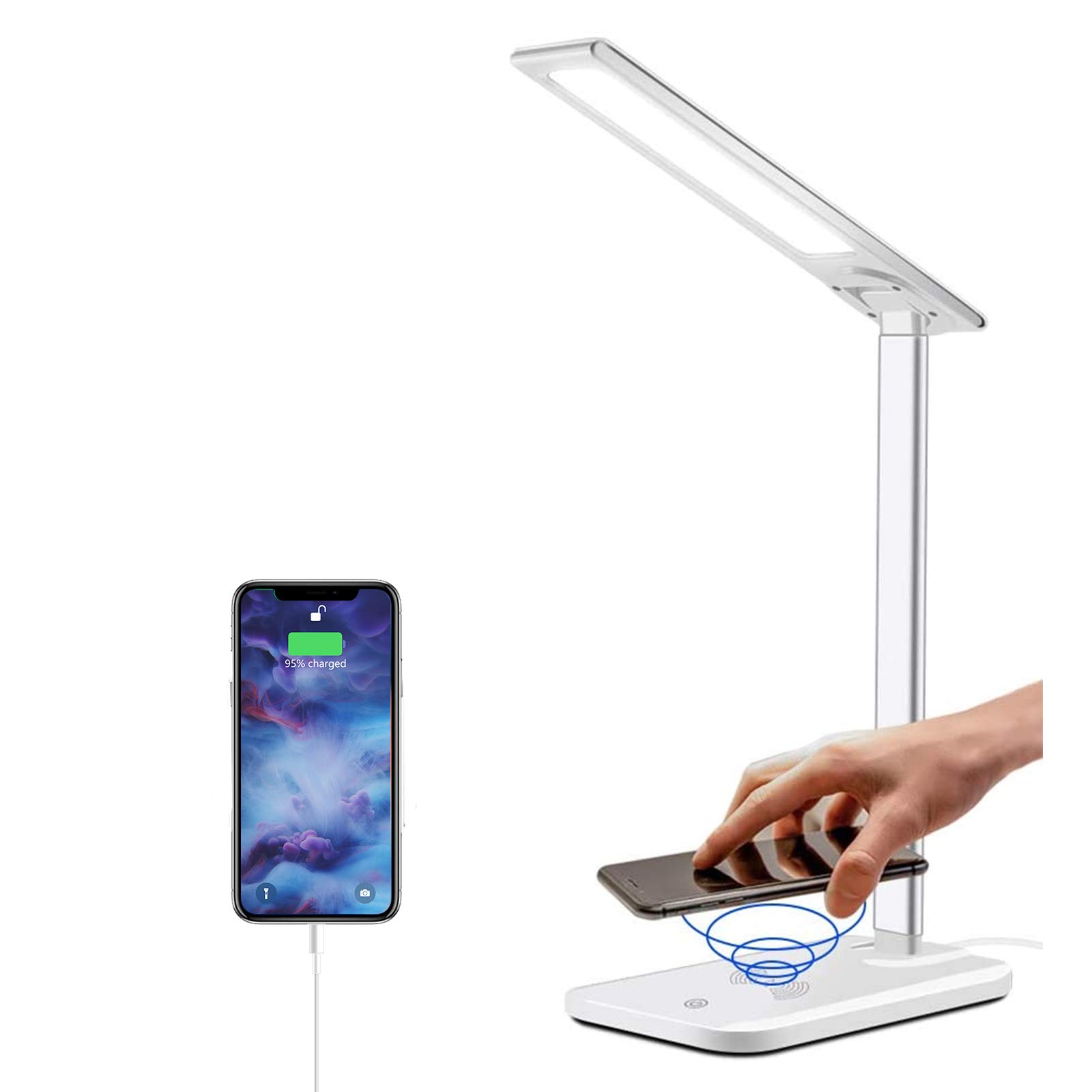 AUSPICE LED Desk Lamp with Wireless Charger,Dimmable Office Lamp with USB Charging Port,Wireless Charging,Touch Control,3 Lighting Modes 6 Brightness Levels,Eye-Caring Table Lamp for Studying,Working