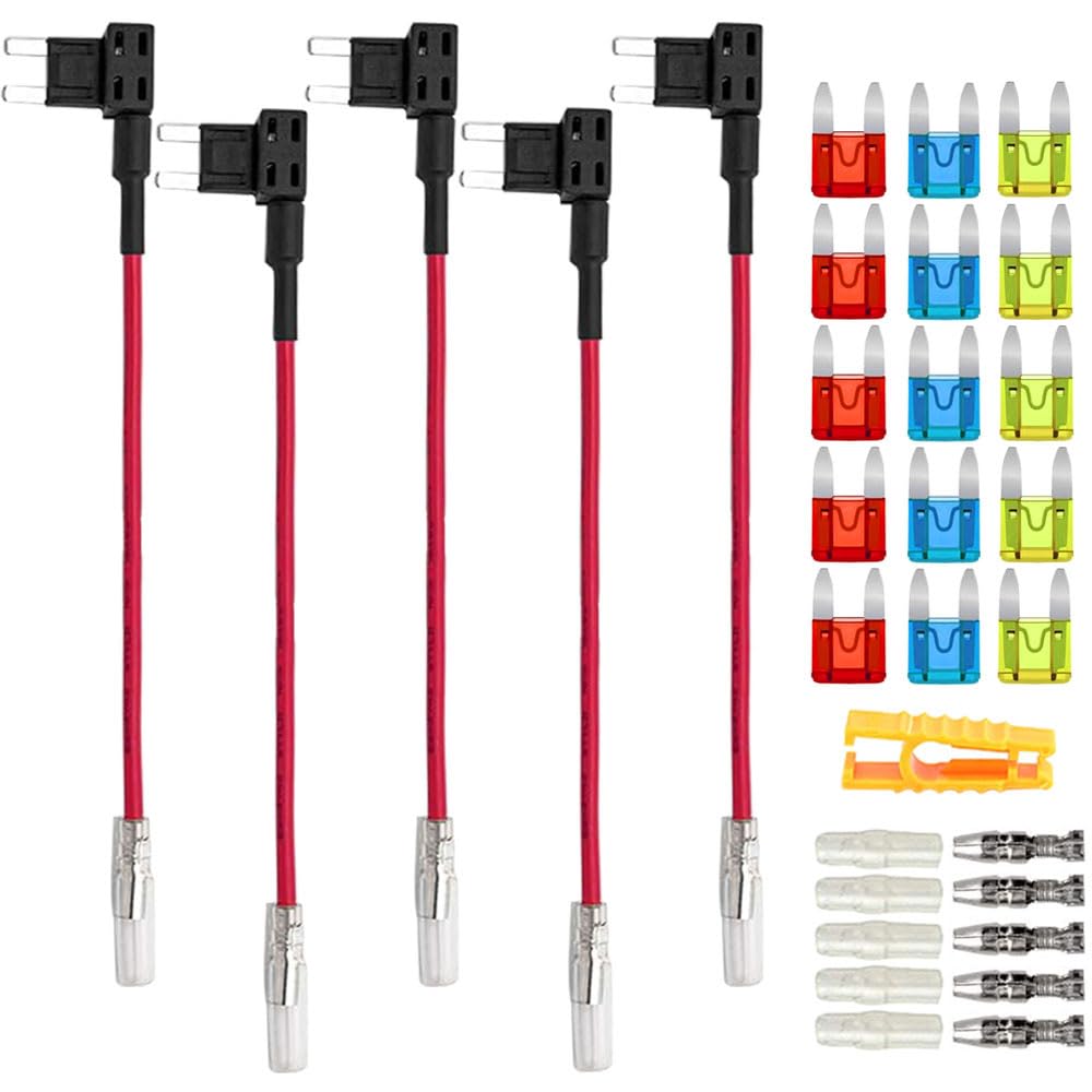 Aiqeer 5 Pieces 12V / 24V Small Add-a-Circuit Fuse Taps, Car Piggy Back Fuse Holder with Wire Harness, Free 15 Pieces Mini Blade Fuses and Fuse Puller (Butt Terminal)