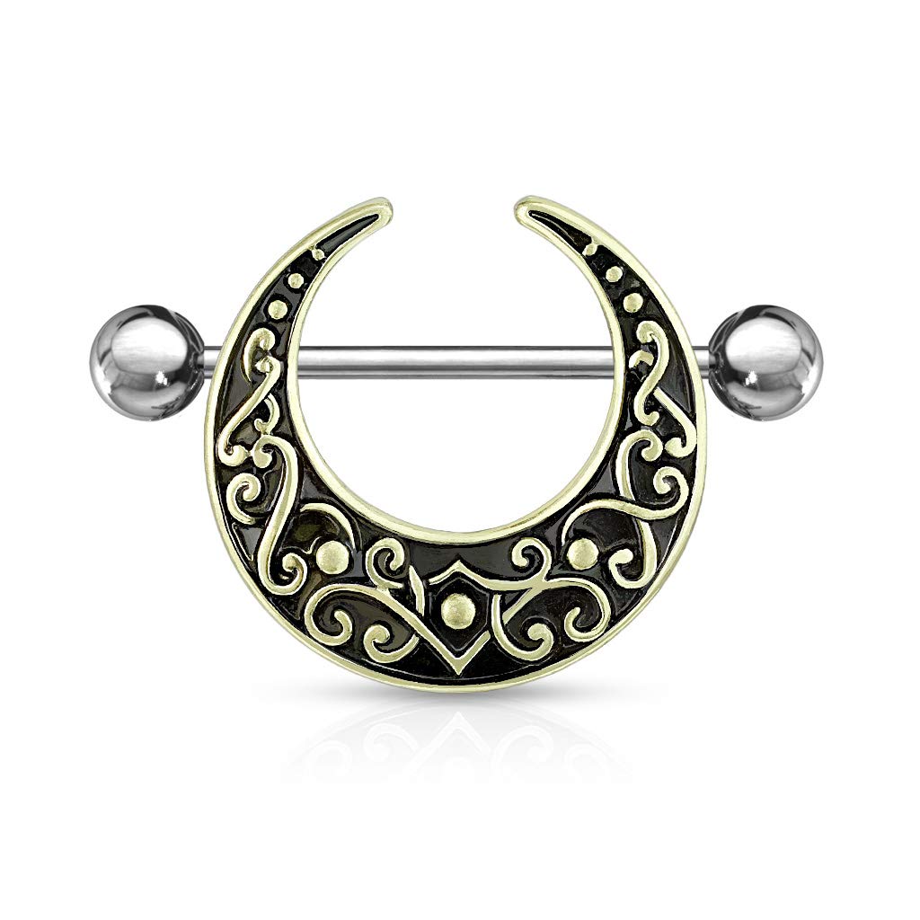 PiercedOff Gold Tone IP over 316L Surgical Steel Nipple Bar Shield with Antique Crescent Filigree Moon - Thickness 14GA (1.6mm) / Length 16mm / Ball Size 5mm