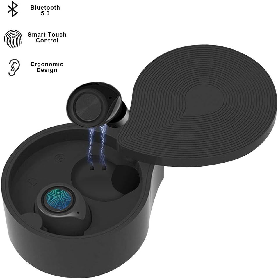 Wireless Earbuds, Bluetooth 5.0 Noise Cancelling Stereo Earphone, Waterproof Sweatproof Sport in-Ear Headphones, Touch Control Headsets with Charging Case for iPhone Android (Black)