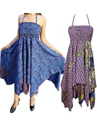 Lot Of 2 Adele Womens Summer Dresses Handkerchief Hem Recycled Sari Resort Wear Halter Sundress S/M