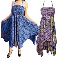 Mogul Interior Lot Of 2 Adele Womens Summer Dresses Handkerchief Hem Recycled Sari Resort Wear Halter Sundress S/M