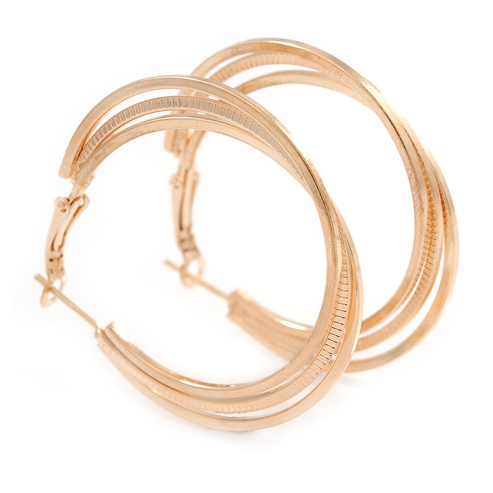 40mm D/Polished and Etched Triple Hoop Earrings/Gold Tone Metal