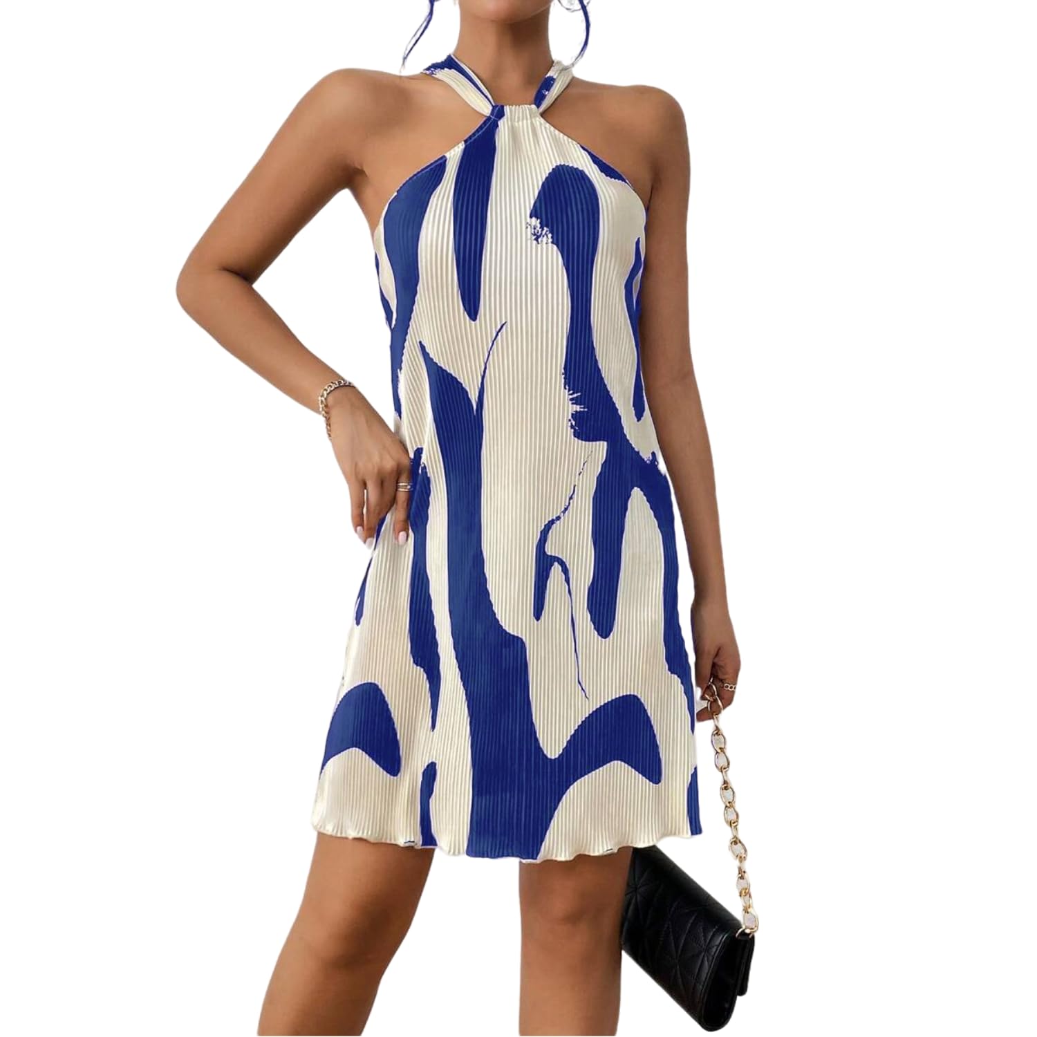 Photo 1 of LIGHT DOT Women's Summer Dress Printed Halter Neck Mini Casual Pleated Sundress Party Date Outfit (Blue, XS)