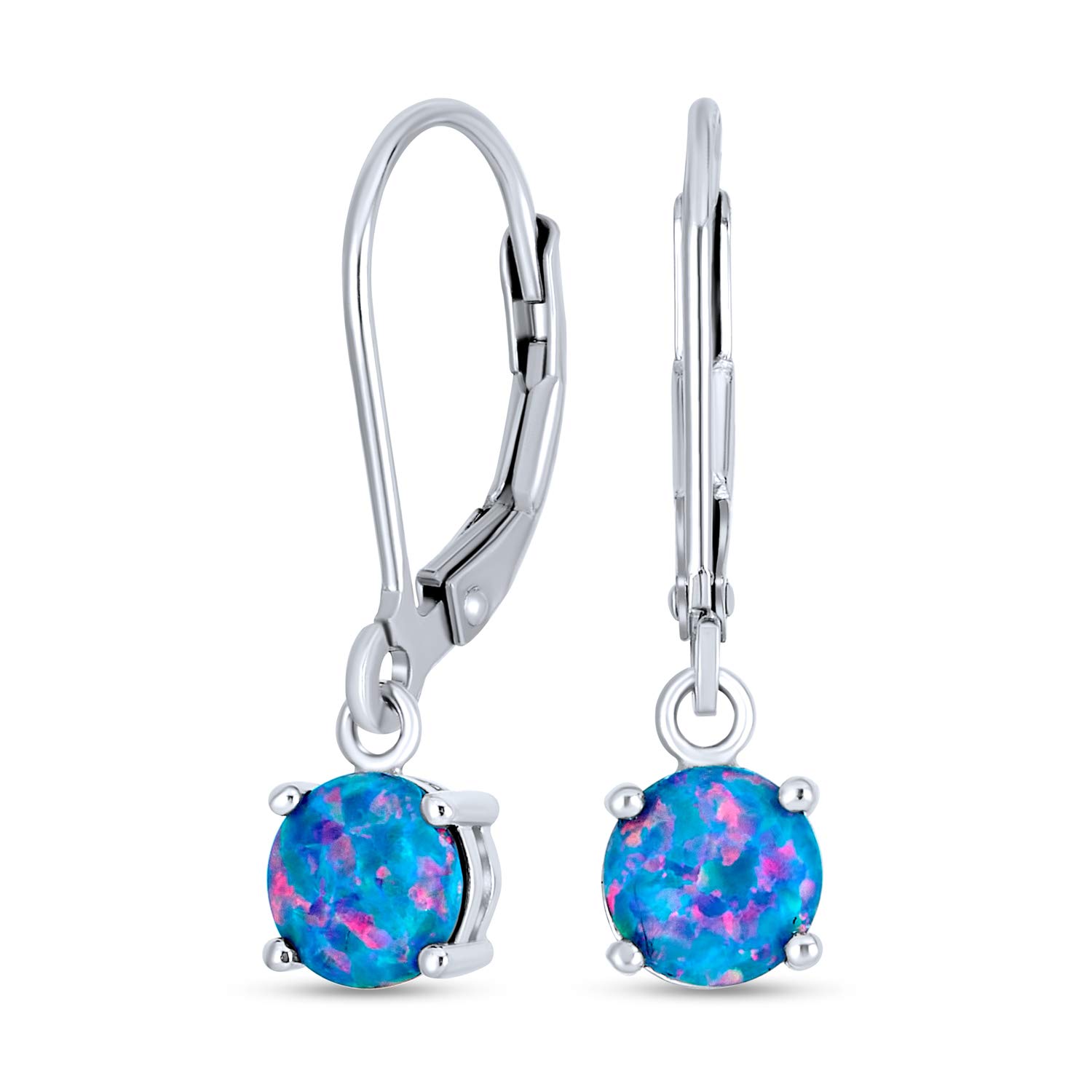 Simple Round Solitaire Blue Created Opal Lever back Drop Dangle Earrings For Women Sterling Silver October Birthstone — image 1