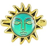 FUN JEWELS Color Change Celestial Sun Statement Mood Ring, Gold Plated, Size Adjustable, Gifts for Women