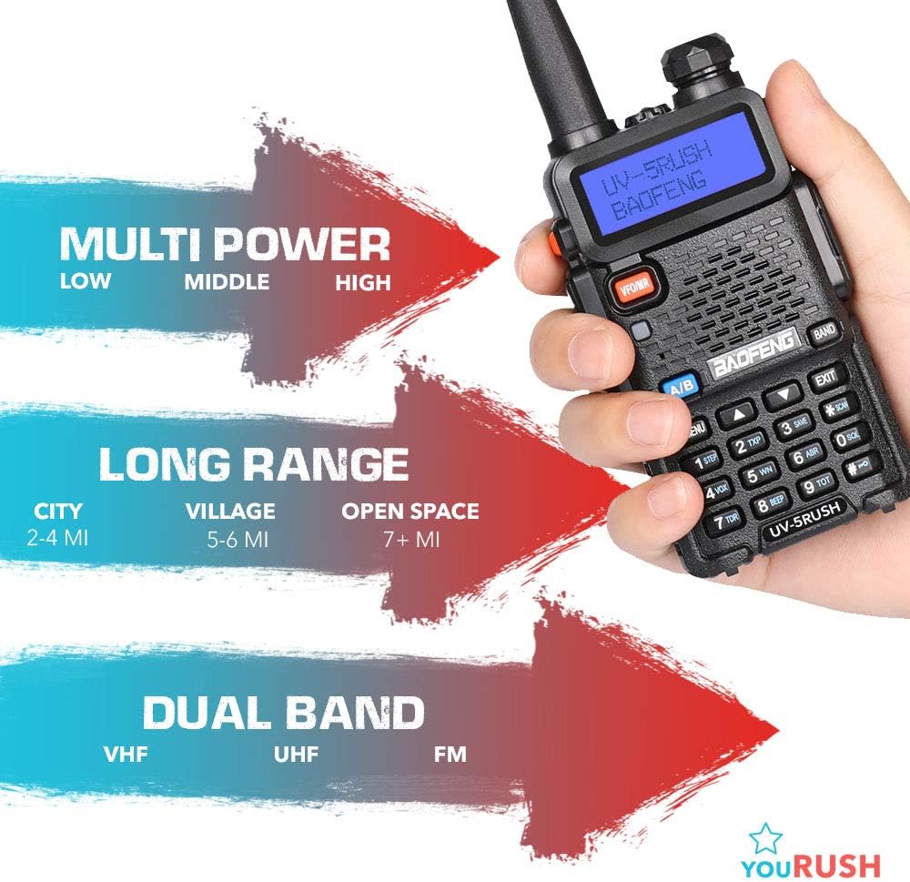 BAOFENG UV-5R 8W Two Way Radio - youRUSH UV-5RUSH Dual Band Radio with Extended BL-5 2800mAh Battery and USB Programming Cable Plus Lanyard - Chirp Support - Portable Ham Radio - Walkie Talkie: Car Electronics