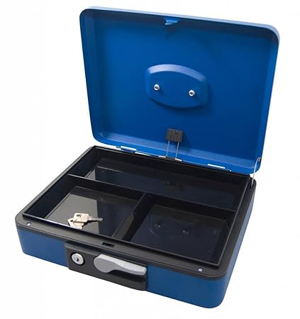 K2M Geldkassette 30cm blau Münzkassette Geldkasse Federdeckel