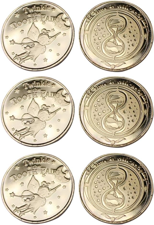 Exttlliy Zinc Alloy Tooth Fairy Gold Coin Baby Reward Golden Coins Special Fairy Money Experience for Lost Tooth Kids (Front Tooth Fairy Opposite Hourglass)