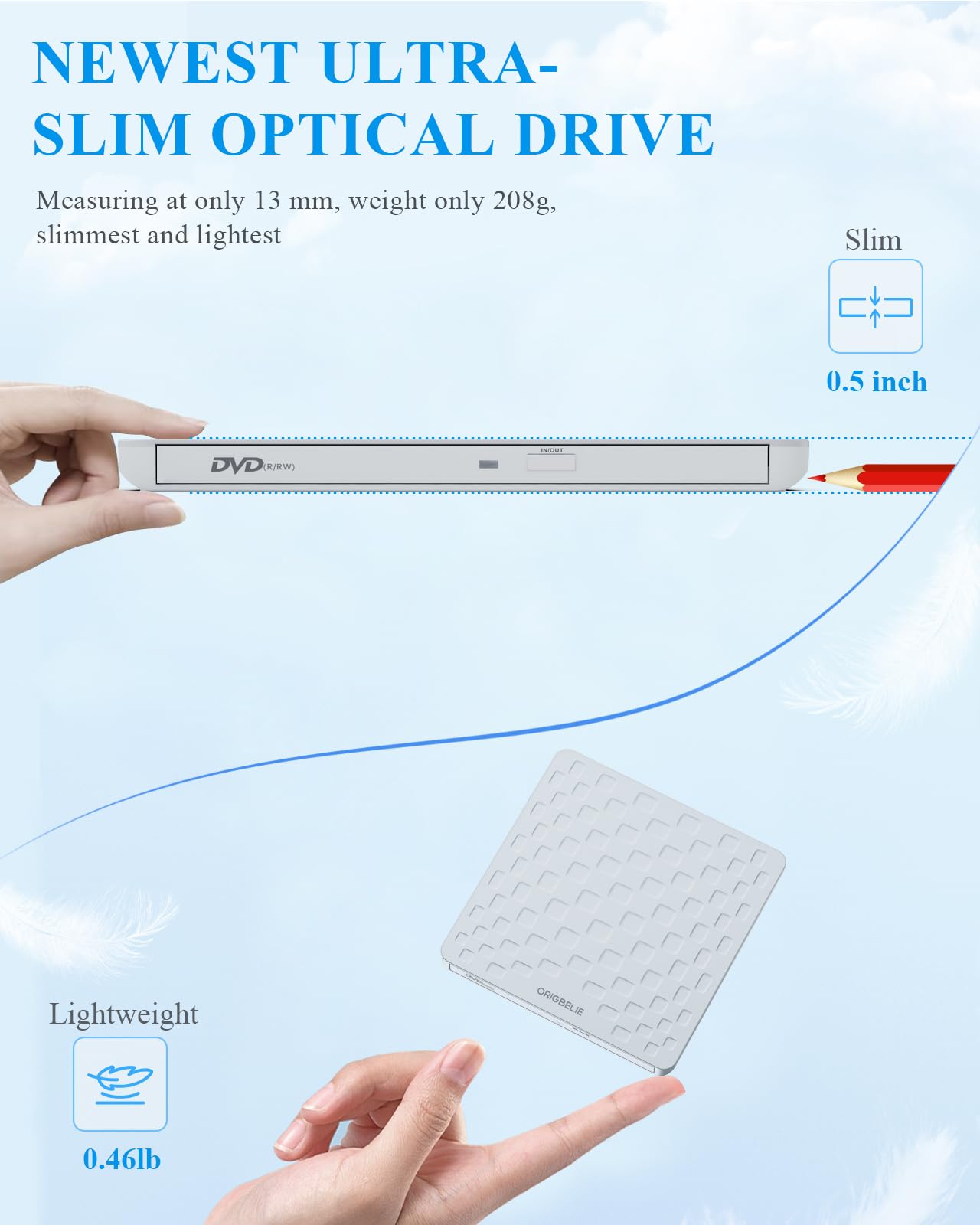 External CD/DVD Drive for Laptop, Ultra Slim 13mm USB 3.0 Type-C Portable DVD Player CD Burner Reader Writer Recorder for Desktop PC Windows 11/10/8/7 Linux Mac OS, White