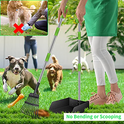 morpilot Dog Pooper Scooper with Poop Bags, Adjustable Long Handle Stainless Metal Tray, 11