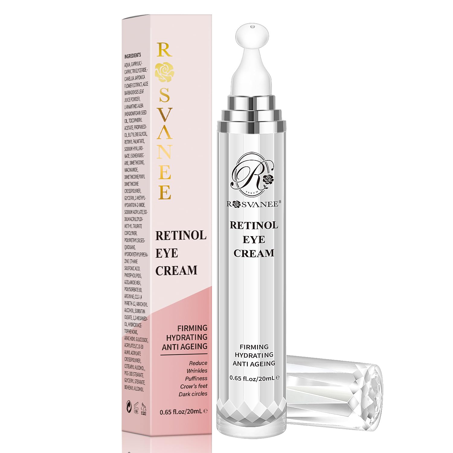 ROSVANEE Retinol Eye Cream Anti Aging 20mL, with Vitamin E, Niacinamide, Camellia for Dark Circles, Puffy Eyes, Fine Lines, Wrinkles, Vegan, Fragrance Free