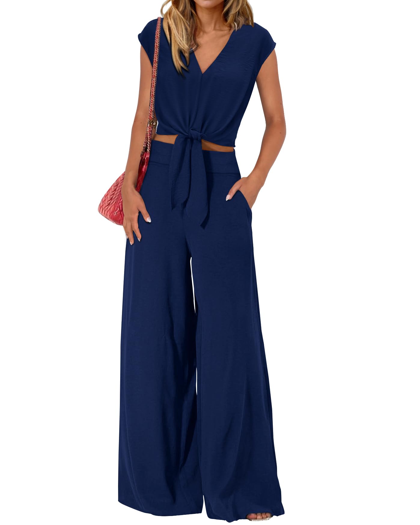 Photo 1 of ***PANTS ONLY***
PRETTYGARDEN Two Piece Pants Set For Women Trendy Sleeveless Smocked Short Shirt Flowy Palazzo Pant Casual Lounge Wear(Solid Dark Blue,X-Large)