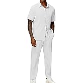 LecGee Men's 2 Piece Vertical Striped Textured Outfits Summer Casual Button Down Shirts And Pants Matching Sets