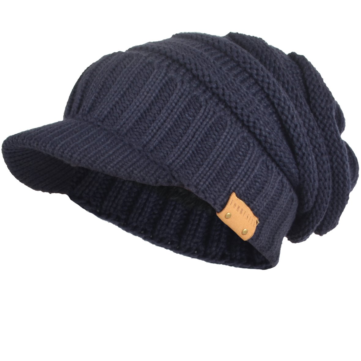 VECRY Mens Womens Thick Fleece Lined Knit Newsboy Cap Slouch Beanie with Visor (Navy)