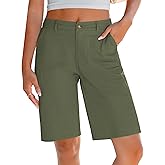 LookbookStore Bermuda Shorts for Women Cotton Knee Length High Waisted Elastic Waist Summer Dressy Casual Long Shorts