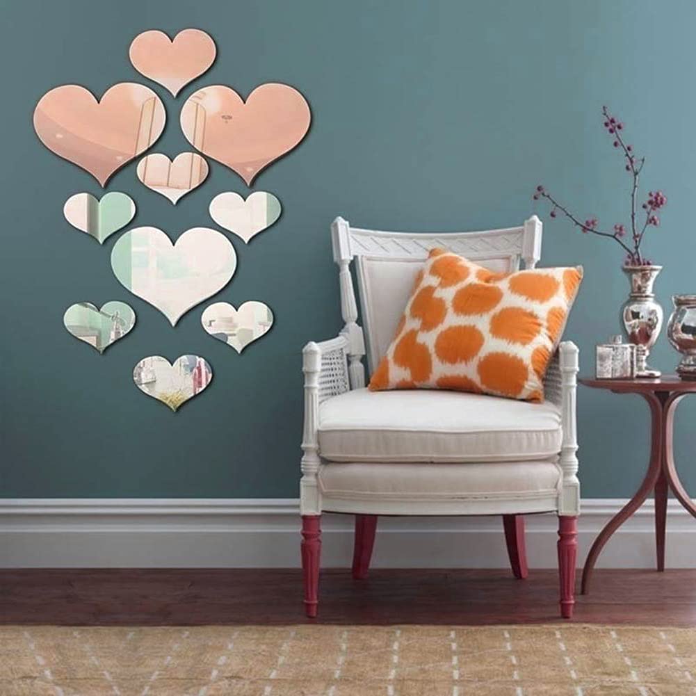 Mirror Wall Stickers, 3D Crystal Love Heart Acrylic DIY Art Wall Decals Home Living Room Bathroom TV Background Decor (Silver)