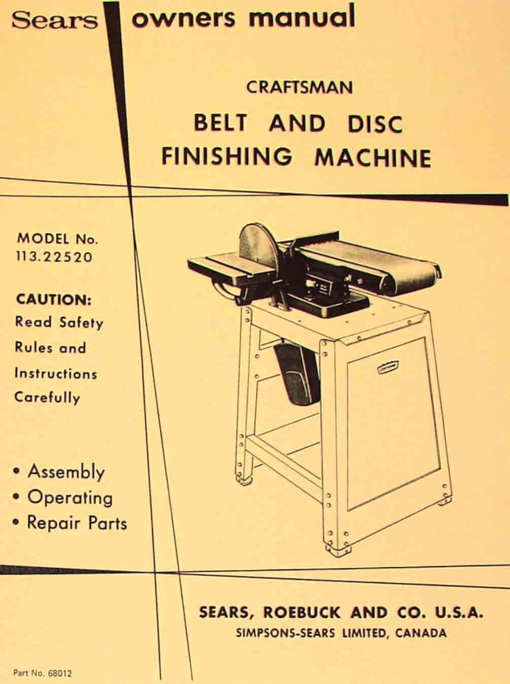Craftsman 6x48 Belt And 9 Disc Sander Manual Belt Poster