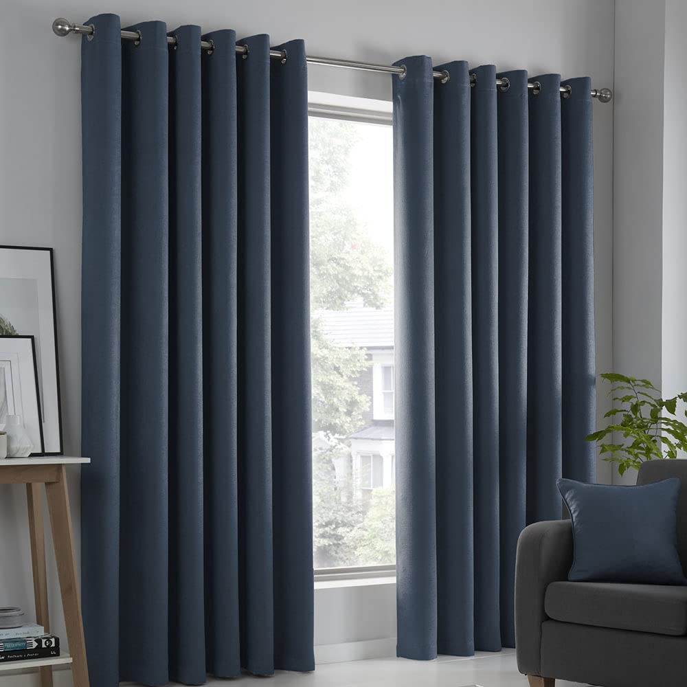 Fusion Strata Thermal Eyelet Curtains – Navy Blue – W90 x L108" (229 x 275cm) – 2 Panels – 100% Cotton – Room Darkening Drapes for Bedroom, Living Room and Doors — image 1