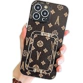 Kwhapoo Cute Retro Compatible with iPhone 13 Pro Max 6.7 inch PU Leather Phone Case,Gold Plating Bling Cover with Metal Kickstand Shockproof Protective Back Cases(Brown)