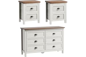 SINROM 3-Piece Dresser Bedroom Set, Farmhouse 6 Drawer Dresser & 2 Drawer Nightstands Set of 2, Chest of Drawers and Night Stand, 3 Pcs Bedroom Furniture Set