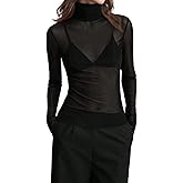 FEORJGP Womens Mesh Long Sleeve Tops Turtleneck See Through Slim Fitted Blouse Sheer Going Out Club Party Fall Tee Shirts