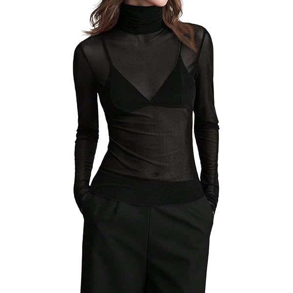 Women Turtleneck Sheer Mesh Top Long Sleeve See Through Slim Fit