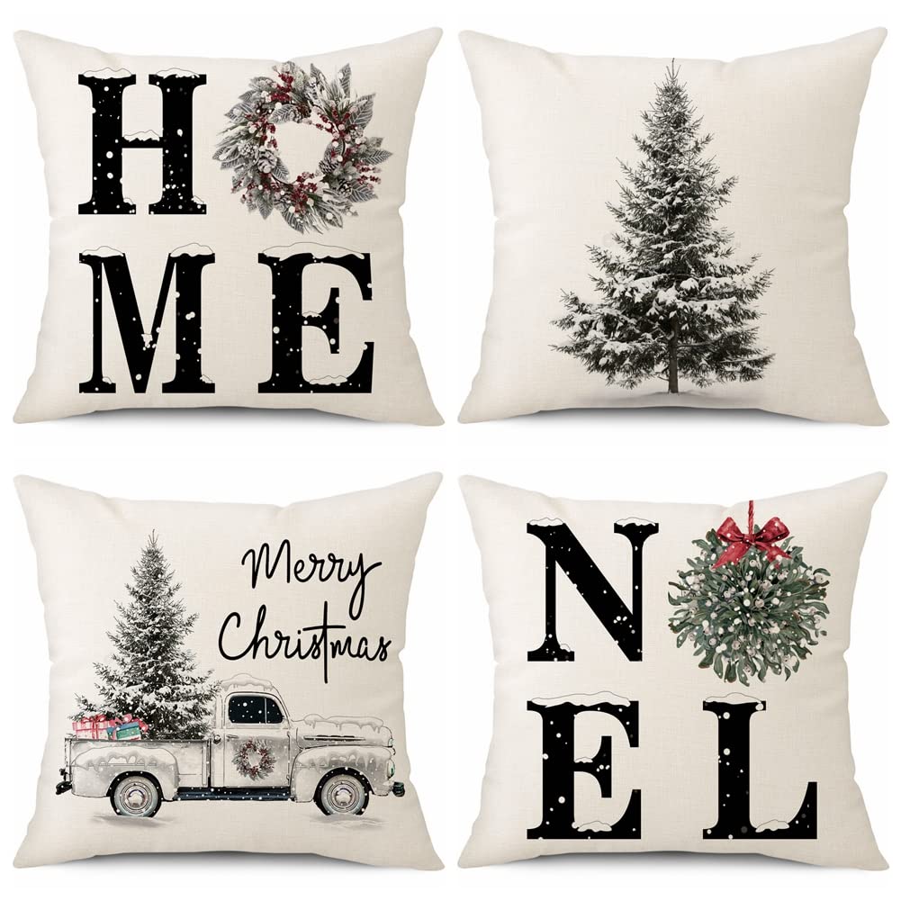 Sungeek Set of 4 Cushion Covers 50 x 50cm, Merry Christmas Winter Holiday Throw Pillow Cases Christmas Tree with Truck Linen Home Decorative Sofa Pillow Covers