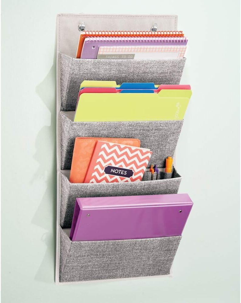 mDesign Soft Fabric Wall Mount, Over Door Hanging Storage Organizer - 4 Large Cascading Pockets - Holds Office Supplies, Planners, File Folders, Notebooks - Textured Print - Charcoal Gray : Office Products