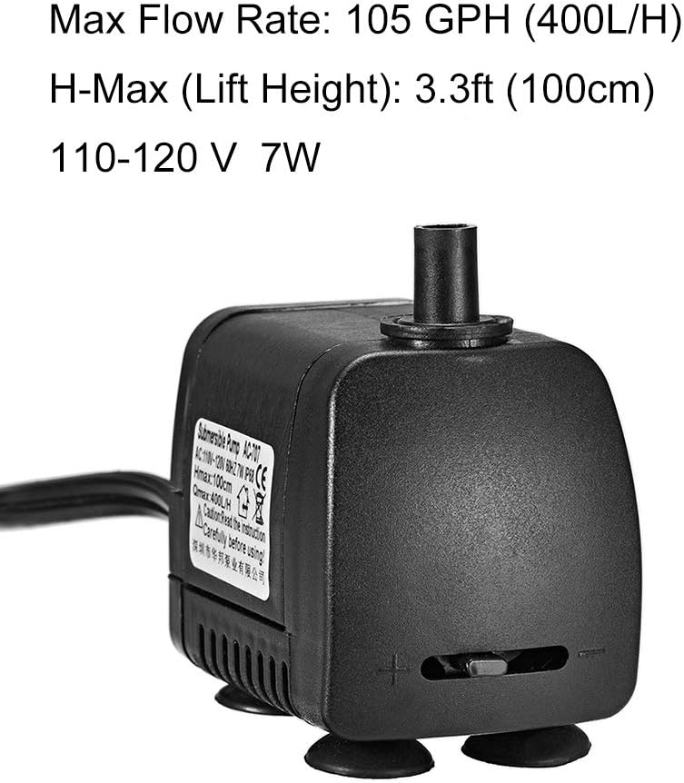 uxcell 105 GPH 400L/H, 7W, 110-120V Submersible Water Pump US Plug for Pond, Fish Tank Fountain Water Pump Hydroponics with 4.9ft 1.5M Power Cord: Home & Kitchen