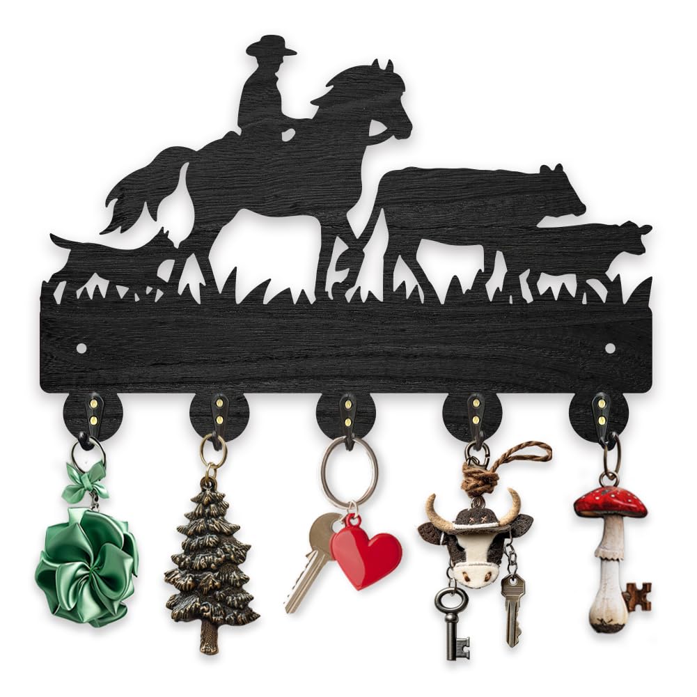MAYJOYDIY Wooden Cow Sheep Key Hooks Wall Mounted Horseback Riding Ranch Coat Hangers 30 x 20 cm Dog Animal Rustic Key Hangers with 5 Alloy Hooks for Wall Decorative Entryway Bedroom