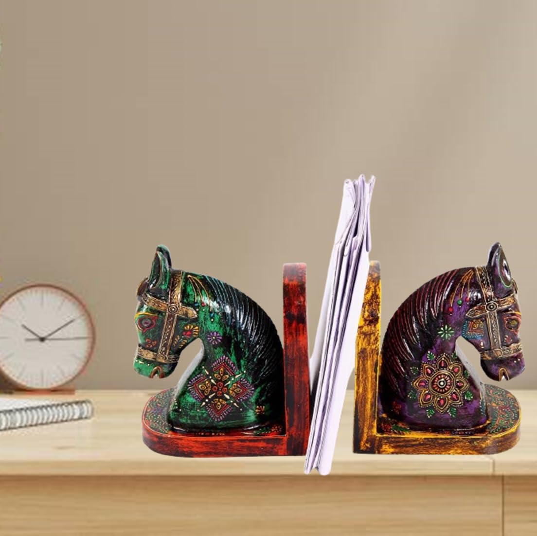 Purpledip Bookends In Unique Horse Design: Hand-painted Wooden Made by Folk Artisans (10258)