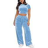 SMSN Women 2 Piece Outfits Velvet Sweatsuit Set Casual Short Sleeve Pullover Tops and Wide Leg Sweatpant Tracksuit Sets