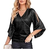 Sequin Tops for Women Elegant Sparkly Glitter Dressy Shirts Flared Sleeve V Neck Blouses Ruched Slim Party Club Shirt