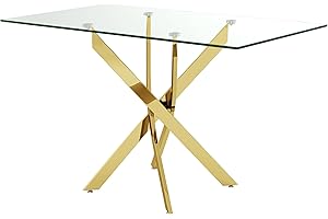 NIERN Tempered Glass Dining Table with Chromed Legs, 47" Modern Rectangular Kitchen Table for Dining Room Kitchen,Gold