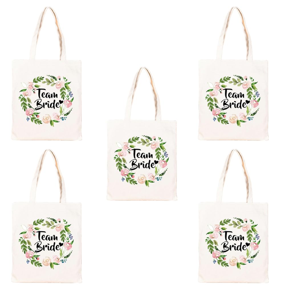 TRIXES Team Bride Floral Tote Bag, 5PK - Wedding Essentials, 100% Cotton, 26cm x 33cm