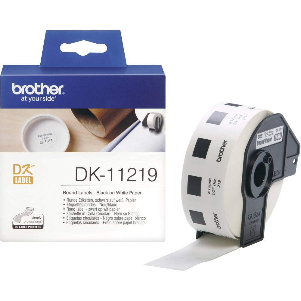 Brother DK-11219 Label Roll, Round Labels, Black on White, 1200 Labels, 12mm, Brother Genuine Supplies
