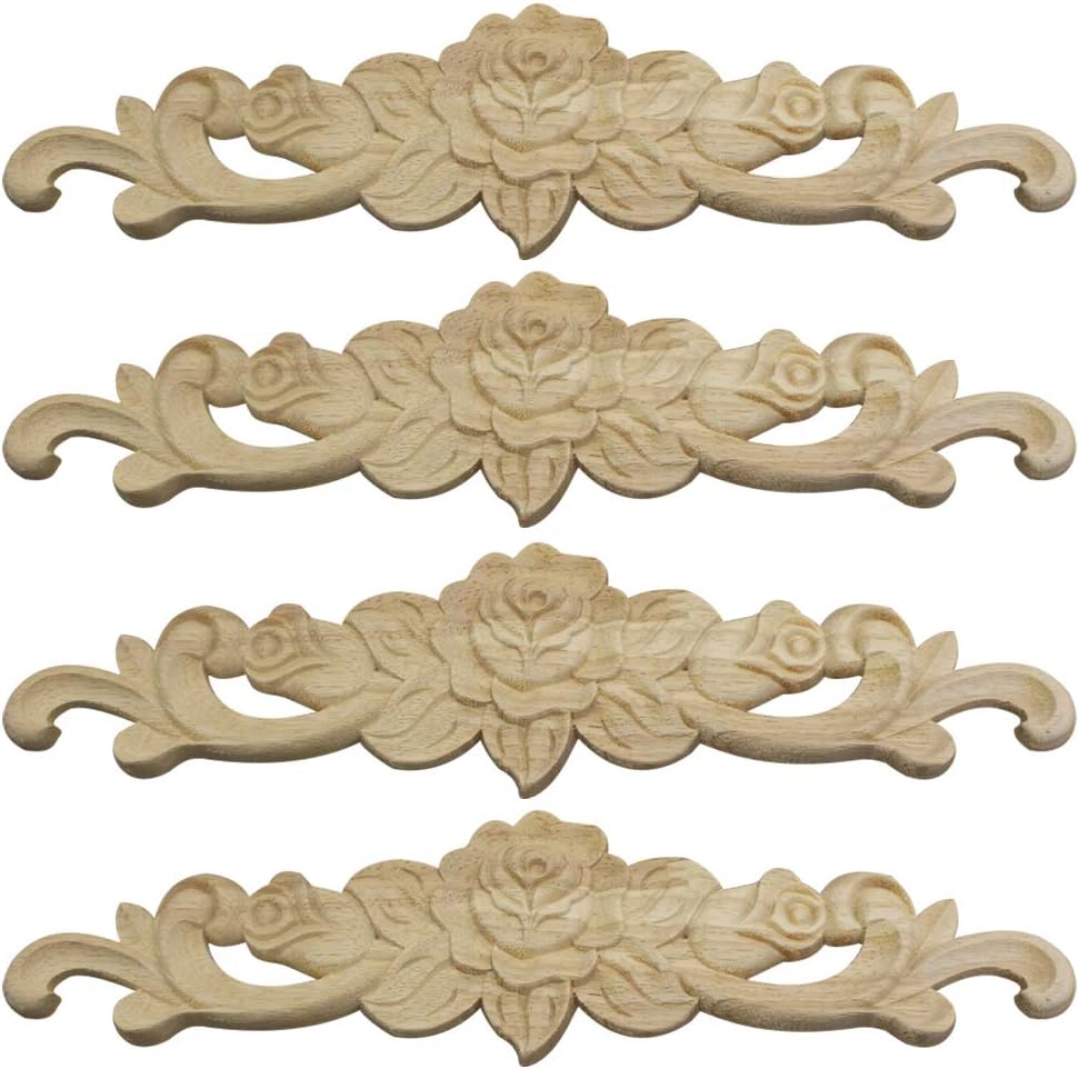 niumanery 4pcs 20x5cm Wood Carved Long Onlay Applique Unpainted Rose Flower Door Home Decor European Style