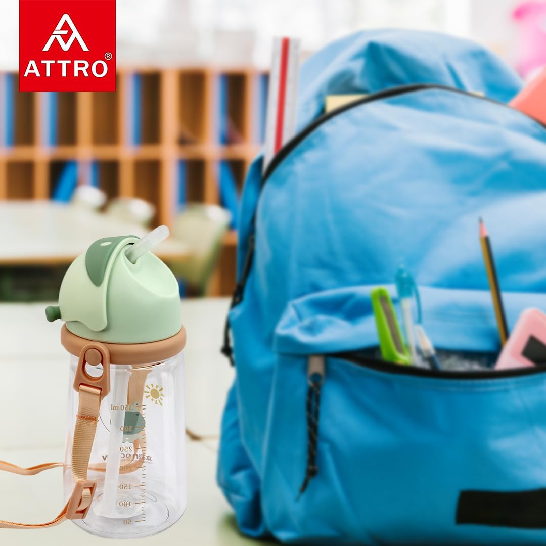 Attro Doddle Kid 450ml Water Bottle with Flip top Lid, Straw & Detachable Nylon Strap BPA Free, Leak Proof ideal for Kids - Green, Plastic 4