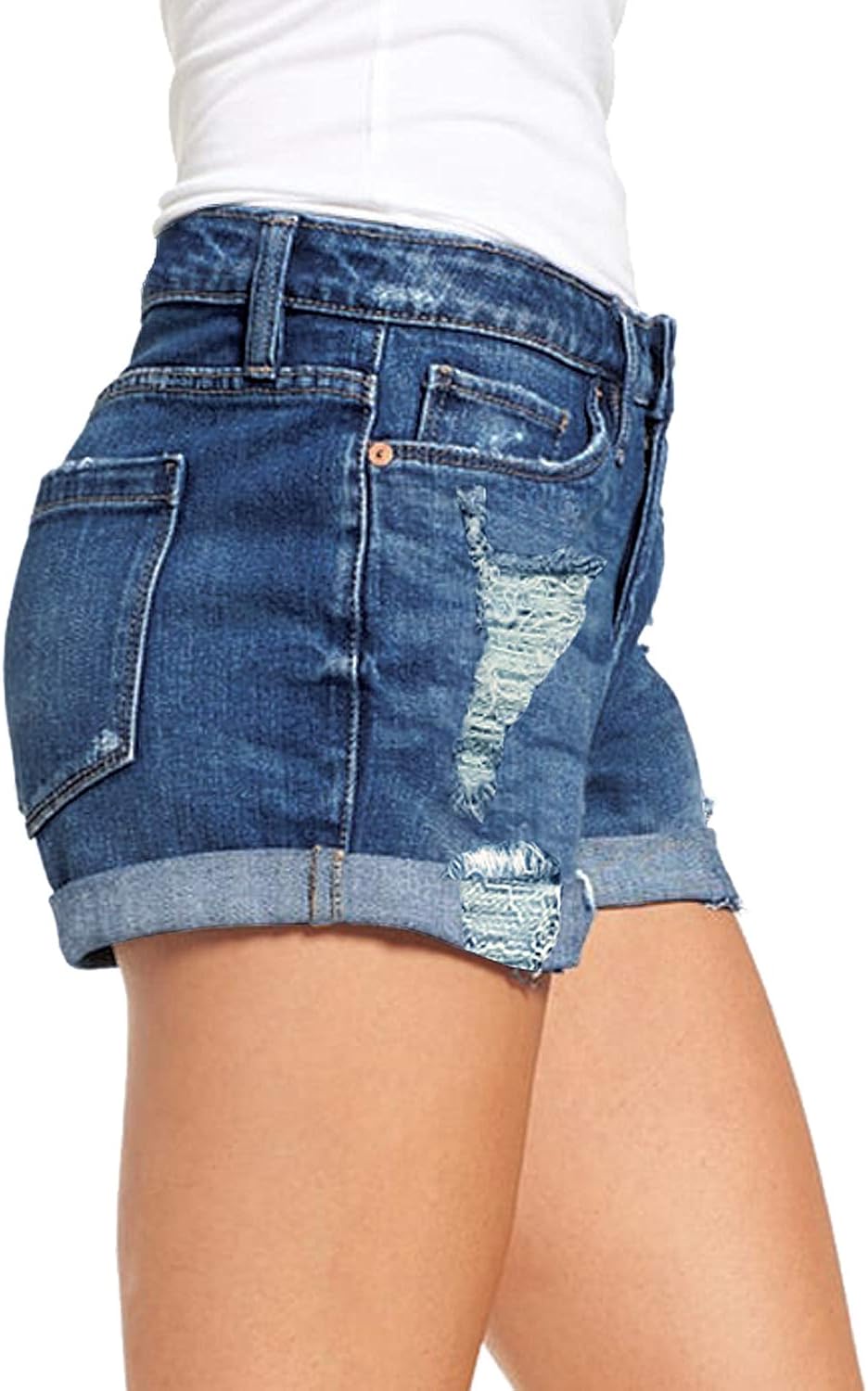 luvamia Women's Ripped Denim Jean Shorts Mid Rise Stretchy Folded Hem Short Jeans at  Women’s Clothing store