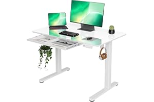 INNOVAR Glass Standing Desk with Drawers, 40×24 Inch Adjustable Stand Up Desk Quick Install Home Office Computer Desk, Super White