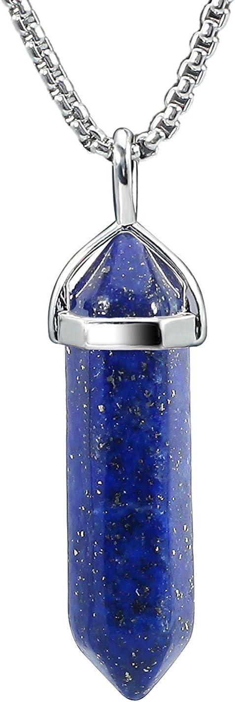 BEADNOVA Gemstone Crystal Necklace for Women Healing Stone Pendant Jewelry for Men Pendulum Divination Energy Healing Hexagonal Pendent (18 Inches Stainless Steel Chain)