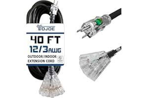 YOJOE 3-Outlets Indoor Outdoor Extension Cord with Lighted End, 3 Prong 15A Weatherproof Power Cord, 12 Gauge Heavy Duty 40 f