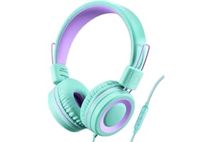 POWMEE P10 Kids Headphones with Microphone Stereo Headphones for Children Boys Girls,Adjustable 85dB/94dB Volume Control Foldable On-Ear Headphone with Microphone for School/PC/Cellphone(Green)