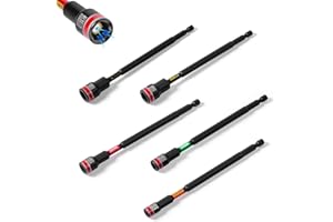 Geinxurn Impact Nut Driver Set, 5 Pieces 6”Long 1/4”5/16”3/8”7/16”1/2”6 Point Alloy Steel Magnetic SAE Nut Setter Set Use For Require Installing 1/4 Hex Shank Impact Driver with Case Box